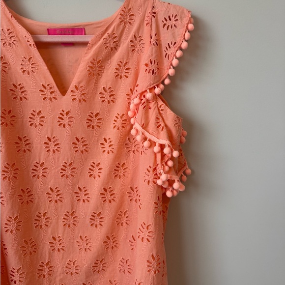 Lilly Pulitzer Coral Eyelet Blouse with Pom-Pom Trim size small - Picture 6 of 7